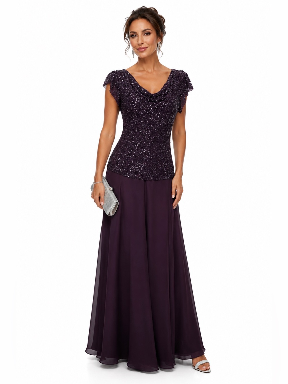 JKARA Plum Beaded Evening Gown Size 8 Formal Mother of the Bride Dress